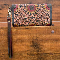 Dompet wanita kapasitas besar, tas tangan desain bunga matahari kulit multiguna, dompet gelang kulit asli