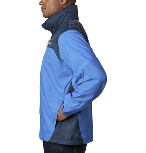Men's Blue Color Blocked Soft Shell Hooded <b>Jacket</b> With <b>Zip</b> Fly And Pockets For Outdoor Use - Product Image 2