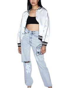 แจ็กเก็ตผ้าซาตินสำหรับผู้หญิงใส่สบายเสื้อครอปกระดุมเสื้อครอปทำจากผ้าซาตินเสื้อแจ็คเก็ตนักศึกษามหาวิทยาลัย - Product Image 4