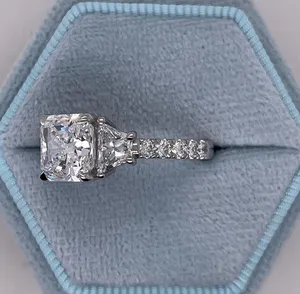 <b>Cushion</b> Cut Moissanite Engagement Ring Three Stone 925 Sterling Silver White Gold Plated Bridal Ring <b>for</b> Women - Product Image 4