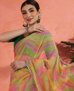 Sari KV con Estampado Geométrico, Leheria Georgette, Multicolor, Ropa Étnica Tradicional para Mujer, para Bodas, Fiestas y Festivales, sin Costuras - Product Image 2