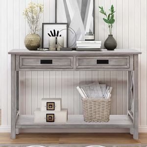 Whitewashed Wood 2-Drawer 1-Shelf <b>Console</b> <b>Table</b> and <b>Entry</b> Rustic Furniture <b>Console</b> <b>Tables</b> - Product Image 2