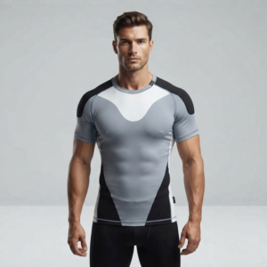 Prix d'usine – Nouveaux Rashguards personnalisés à manches courtes pour hommes, UPF50+, 180g, en polyester et élasthanne, séchage rapide, faible MOQ, marque privée, pour équipes - Product Image 1