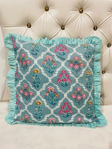 Dolly Enterprises Handmade Cotton Luxury Floral Block Print Throw <b>Pillow</b> Cover Ruffle Edge Boho <b>Sofa</b> Cushion Case Zipper Closure - Product Image 2