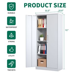 Armadio da Garage in Metallo Bianco 71'' con Porte in Acciaio con Serratura, 3 Ripiani Regolabili, Armadietti Alti per Conservazione Attrezzi - Product Image 3