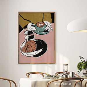 Modern Holiday Wall Art Coffee and Croissant Illustration Poster on Canvas with Wood <b>Frame</b> Cozy Cafe Wall Decor - Product Image 2