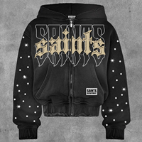 Sweat-shirt à capuche zippé brodé de strass, design personnalisé, 500 GSM, unisexe, tissé 100% coton, vêtements décontractés d'hiver