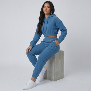 Women Hooded Crop <b>Top</b> Ladies Jogger Pants Full Sleeve Loose Fit <b>Elastic</b> Waist Sweat Crop Set - Product Image 4