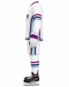 Ensemble d'uniformes de hockey sur glace sublimés personnalisés, rayures blanches, violettes et bleues, polyester respirant, vêtements de sport pour hommes adultes - Product Image 4
