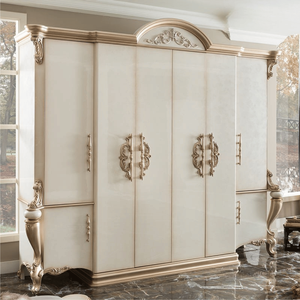 Elegante Armario Clásico Europeo de Caoba con Seis Puertas, Acabado Crema Marfil, Tallado Minimalista, Armario de Lujo para Dormitorio de Apartamento u Hotel - Product Image 5