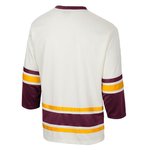 Jersey de Hockey sobre Hielo Sublimado Personalizado, Blanco, Marrón y Amarillo a Rayas, Manga Larga, Cuello en V, Cierre con Cordón, Transpirable, Poliéster, para Hombre Adulto - Product Image 2