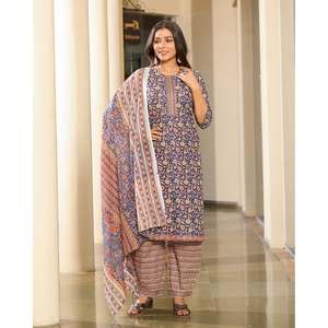 TRENDING COTTON <b>BLEND</b> PRINTED TOP BOTTOM WITH CHANDERI DUPATTA BLUE - Product Image 1