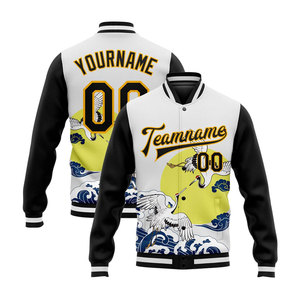 Custom Varsity <b>Jacket</b> <b>Men</b> Black <b>White</b> Cranes Print Zipper Front Casual Autumn Wear Sublimation Sports <b>Jacket</b> - Product Image 1