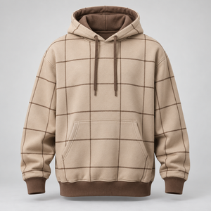 Sudadera con capucha de algodón polar a cuadros Windowpane Check, color marrón moca arena, con bolsillo canguro, diseño personalizado, venta al por mayor, informal - Product Image 1