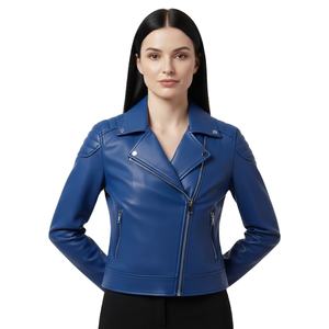 Veste de moto en cuir bleu slim fit pour femmes, vente en gros personnalisée, prix d'usine, style motard authentique, manteau pour femmes, service OEM - Product Image 1