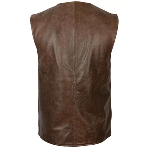 Chaleco de Motociclista de Cuero Genuino Marrón, Estilo Vintage, Sin Mangas, con Cuello Mao y Cierre Tradicional con Botones de Palanca - Product Image 2