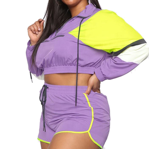 Ensemble de survêtement color block pour femme grande taille, violet et jaune, manches longues, coupe ample sportive, short à taille élastique, col rabattu - Product Image 2