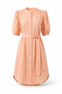 Vestido Midi Bohemio de Lino/Algodón Color Durazno de Moda para Mujer, Transpirable, Ecológico, de Manga Corta, con Cinturón, de Alta Calidad - Product Image 4