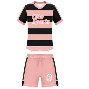 Ensemble uniforme de rugby rose clair et noir à manches courtes, maillot de rugby rayé à col ras du cou, short à cordon de serrage, performance athlétique, entraînement - Product Image 1