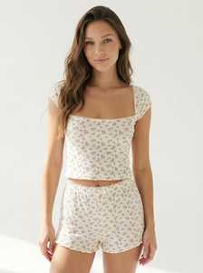 Women's Floral Print 2-Piece Knitted Shorts <b>Set</b> <b>Square</b> Collar Short Sleeve Breathable Regular Fit Spring Summer Style - Product Image 1