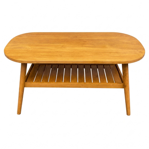 Minimalist Modern <b>Solid</b> Teak Oval Slatted Coffee Table High Quality Honey Finish Open Shelf Non-Foldable Hotel Lounge Wholesale - Product Image 1
