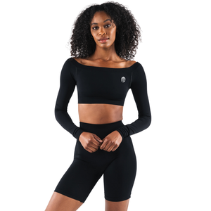 Top Corto Deportivo Negro sin Costuras para Mujer, de Manga Larga y Hombros Descubiertos, Elástico, para Gimnasio, Yoga, Entrenamiento, Ejercicio, Ropa Deportiva - Product Image 1