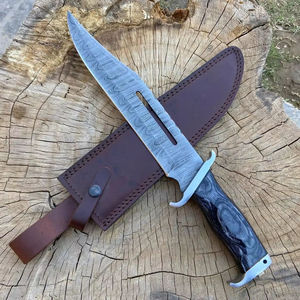 Cuchillo Bowie de Hoja Fija para Caza, Mango de Palisandro, Funda de Cuero, Supervivencia en la Naturaleza, Acero al Carbono, Borde Parcialmente Serrado - Product Image 4