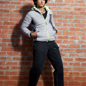 Men's Grey Hooded Puffer Jacket With Neon Green Zipper Windproof Casual Autumn Wear Slim Fit Polyester <b>Wadding</b> Regular Length - Product Image 5