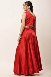 Elegant <b>Red</b> Satin One Shoulder Embroidered <b>Crop</b> <b>top</b> and Sharara Set Evening Dress Solid color Handmade Beads work - Product Image 5