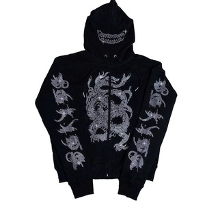 Men's Black Rhinestone Dragon Hoodie Streetwear Zip-Up Sweatshirt Regular Fit <b>Animal</b> <b>Pattern</b> Cotton French Terry Winter Wear - Product Image 1