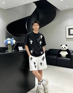 Fashion Comfortable Casual Sports Suit Mens Summer Leisure Short Sleeve <b>Knitted</b> 100% Cotton Solid Plain Dyed Tshirt + Pants <b>Set</b> - Product Image 2