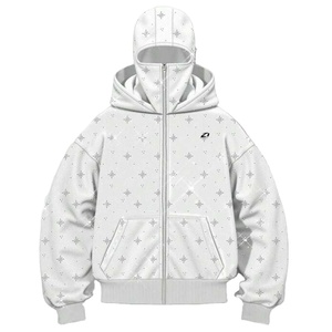 Sudadera con capucha extragrande para hombre con cremallera frontal y pedrería, forro polar térmico grueso, estilo urbano de invierno, con capucha tipo máscara, cordón ajustable y bolsillo canguro, personalizable - Product Image 1