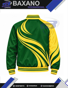 Chaqueta universitaria de satén verde y amarillo con contraste para mujer Chi Eta Phi, bordada con letras griegas, cuello y puños de punto a rayas, ropa exterior - Product Image 5