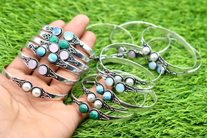 Rose Quartz, Moonstone, Malachite And Other Gemstone Silver <b>Bangles</b>, 925 Sterling Silver, Gemstone <b>Bangle</b>, Handmade <b>Bangles</b> - Product Image 6
