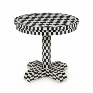 Luxury Handcrafted Black And <b>White</b> Chevron Bone Inlay Coffee <b>Table</b> Round Drum Center <b>Table</b> With Brass Base For Living Room Decor - Product Image 2