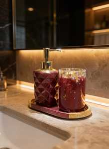 Ensemble de salle de bain en résine bordeaux et or, distributeur de savon avec plateau, décoration de luxe pour la vanité, cadeau pour la fête des mères, cadeau de pendaison de crémaillère pour elle - Product Image 2