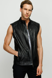Wholesale Custom Real Leather Exotic <b>Vest</b> - High-Quality Men's Black Sleeveless <b>Jacket</b> with Stand Collar - Product Image 6