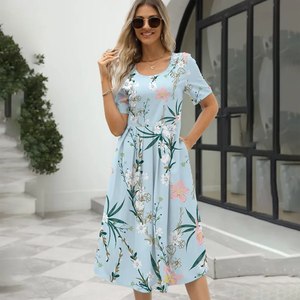 Vestido de Verano 2026 para Mujer, Estilo Europeo y Estadounidense, Elegante, Estampado, Cuello Redondo, Manga Corta, con Cierre - Product Image 5