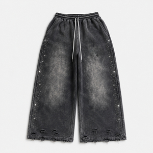 Custom Washed Wide Leg Sweatpants Unisex Casual <b>Loose</b> Fit <b>Jogger</b> Pants with Rhinestone Star Details Distressed Hem - Product Image 1