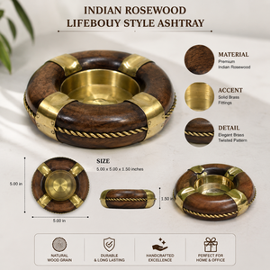 Cendrier artisanal en bois de rose indien |   Porte-cigare en bois de style bouée de sauvetage ronde |   Décoration de table en laiton incrusté, cadeau - Product Image 6