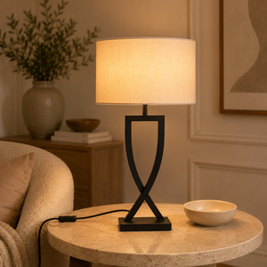 Lampe de table Orbit Loop en métal avec cadre ovale, abat-jour en lin noir, finition or brossé, lumière ambiante chaude, décoration élégante - Product Image 5
