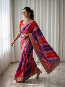 Traditional Indian Silk <b>Saree</b> Women <b>Red</b> Purple Gradient Embroidered Border Floor-Length Recycled Materials for Wedding Occasion - Product Image 4