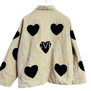 Manteau pour femmes grandes tailles avec applique en forme de cœur crème, col mandarin, manches chauve-souris, vêtements d'extérieur décontractés pour l'hiver - Product Image 2