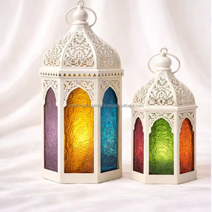 Farol marroquí de metal blanco y vidrio de colores - Product Image 1