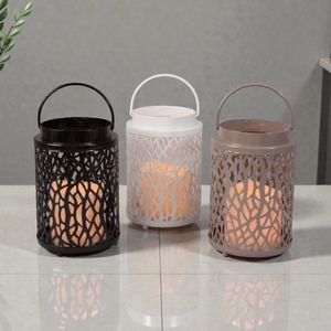 <b>Lantern</b> <b>Set</b> With Geometric Cutout Pattern In Black White And Brown For Home Decoration Portable Iron Candle Holders - Product Image 1
