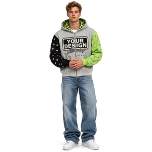 Men's Custom Heavyweight Distressed Colorblock Zip Up <b>Hoodie</b> Embroidered Streetwear Cotton Casual Fashion Jacket - Product Image 2