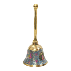 Antique finish brass hand bell featuring ornate floral carvings and layered finial, available at wholesale prices. - Product Image 4