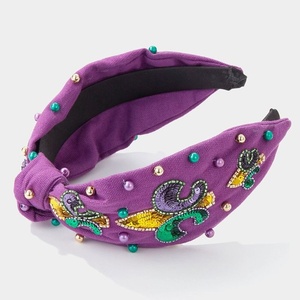 Serre-tête élégant et confortable violet Mardi Gras orné de strass, noué et rembourré, avec perles vertes et embellissements en cristal - Product Image 5