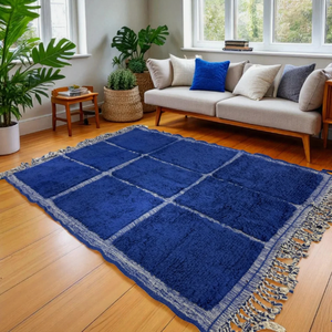 Alfombra marroquí anudada a mano, azul persa y blanca, de lana ecológica, antideslizante, de pelo medio, con diseño de pelo alto para sala de estar - Product Image 5