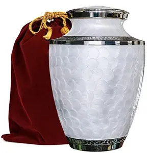 Brass Metal White Adult Cremation Urn For Human Ashes With Mother of Pearl Enamel Color with Nickel Coating Urn with Velvet Bag